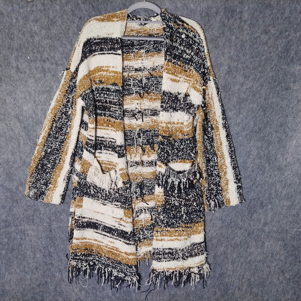 POL Cardigan Women S Multicolor Striped Long Sleeve Open Front Distressed Fringe